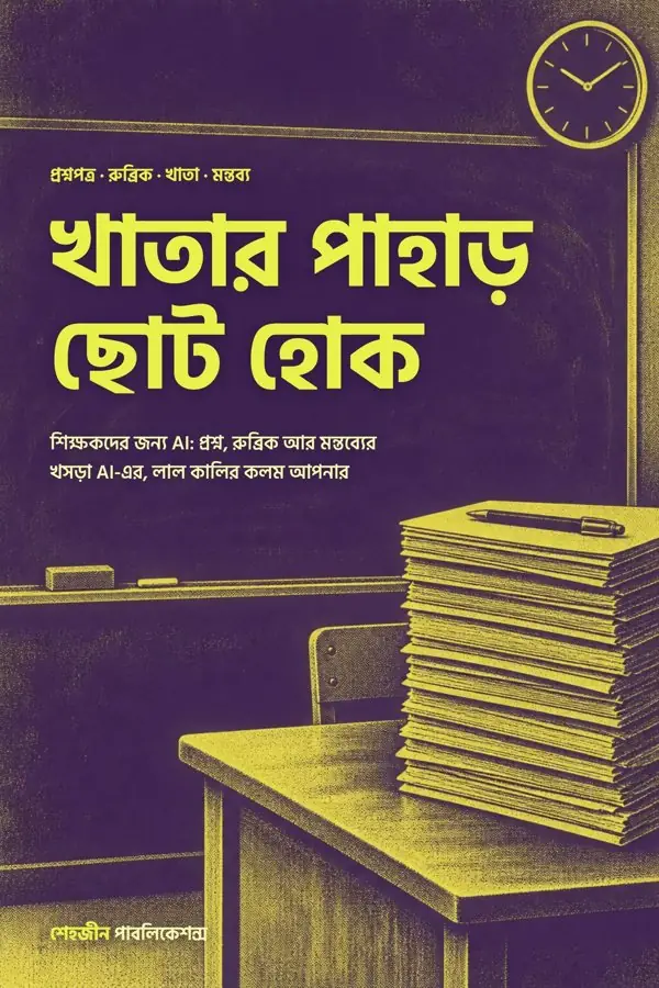 বেগুনি জমিনে হলুদ লেখা ‘খাতার পাহাড় ছোট হোক’ নামের বইয়ের পুরো কভার, ডেস্কে খাতার স্তূপ আর দেয়ালঘড়ি
