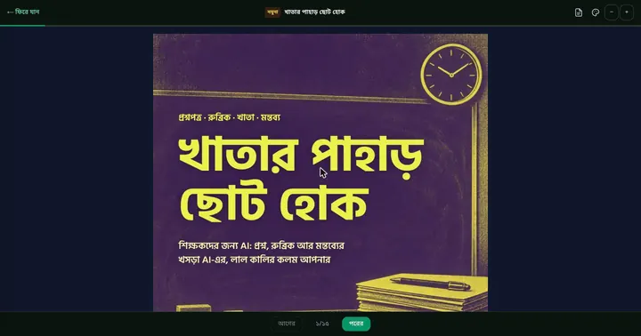 অনলাইন রিডারে বইয়ের নমুনা পাতা খোলা, নিচে আগের আর পরের বোতাম, পাতা ১ থেকে ১৫